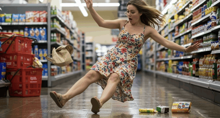Woman slipping in a grocery store, about to land hard on the ground | Daniel Stark Law